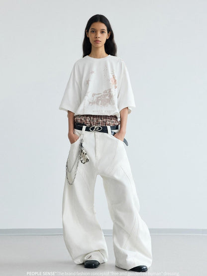 Peoplesense White Pleated Loose Wide Leg Denim Pants