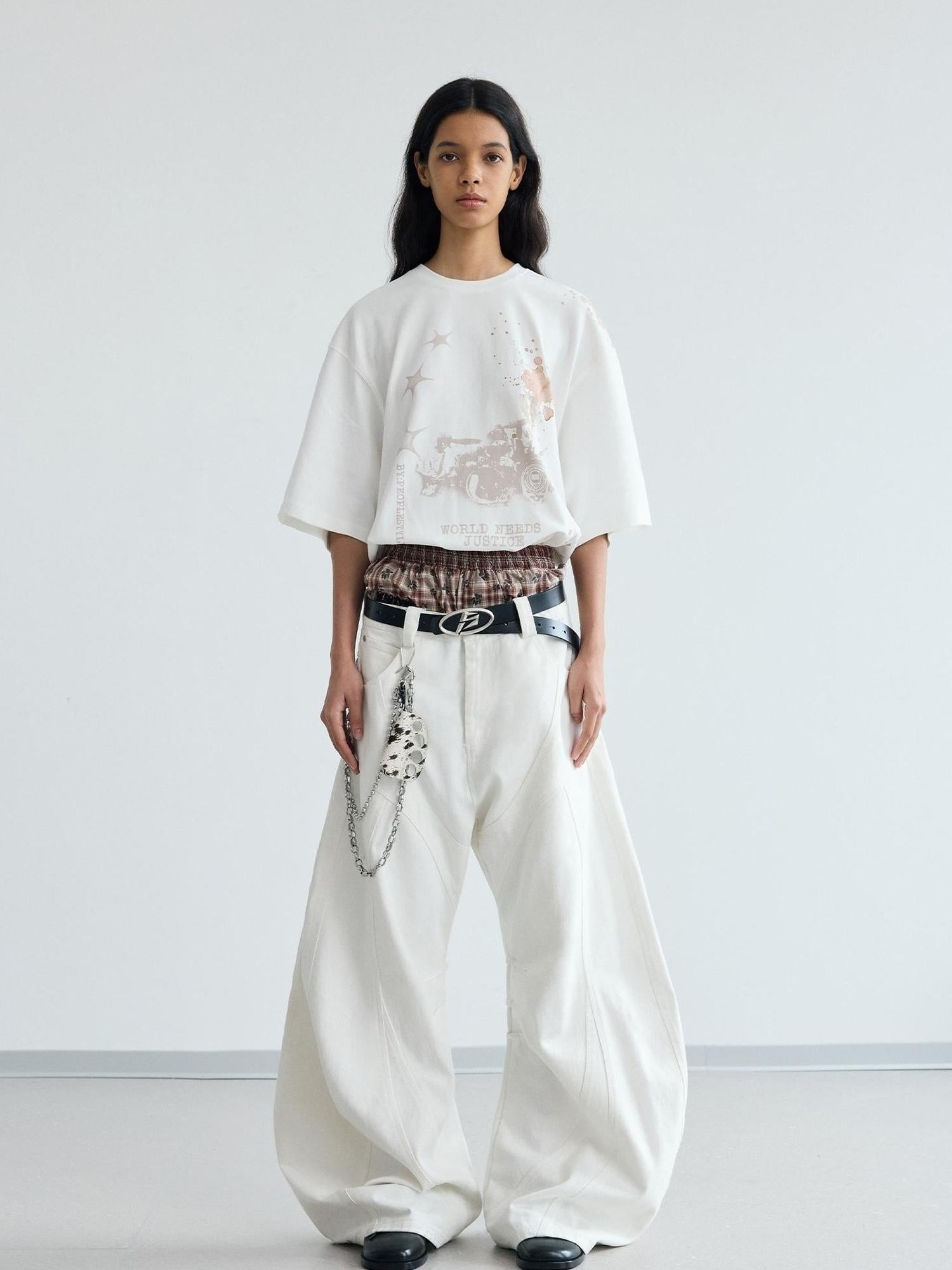 Peoplesense White Pleated Loose Wide Leg Denim Pants