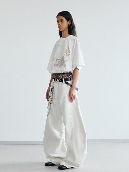 Peoplesense White Pleated Loose Wide Leg Denim Pants