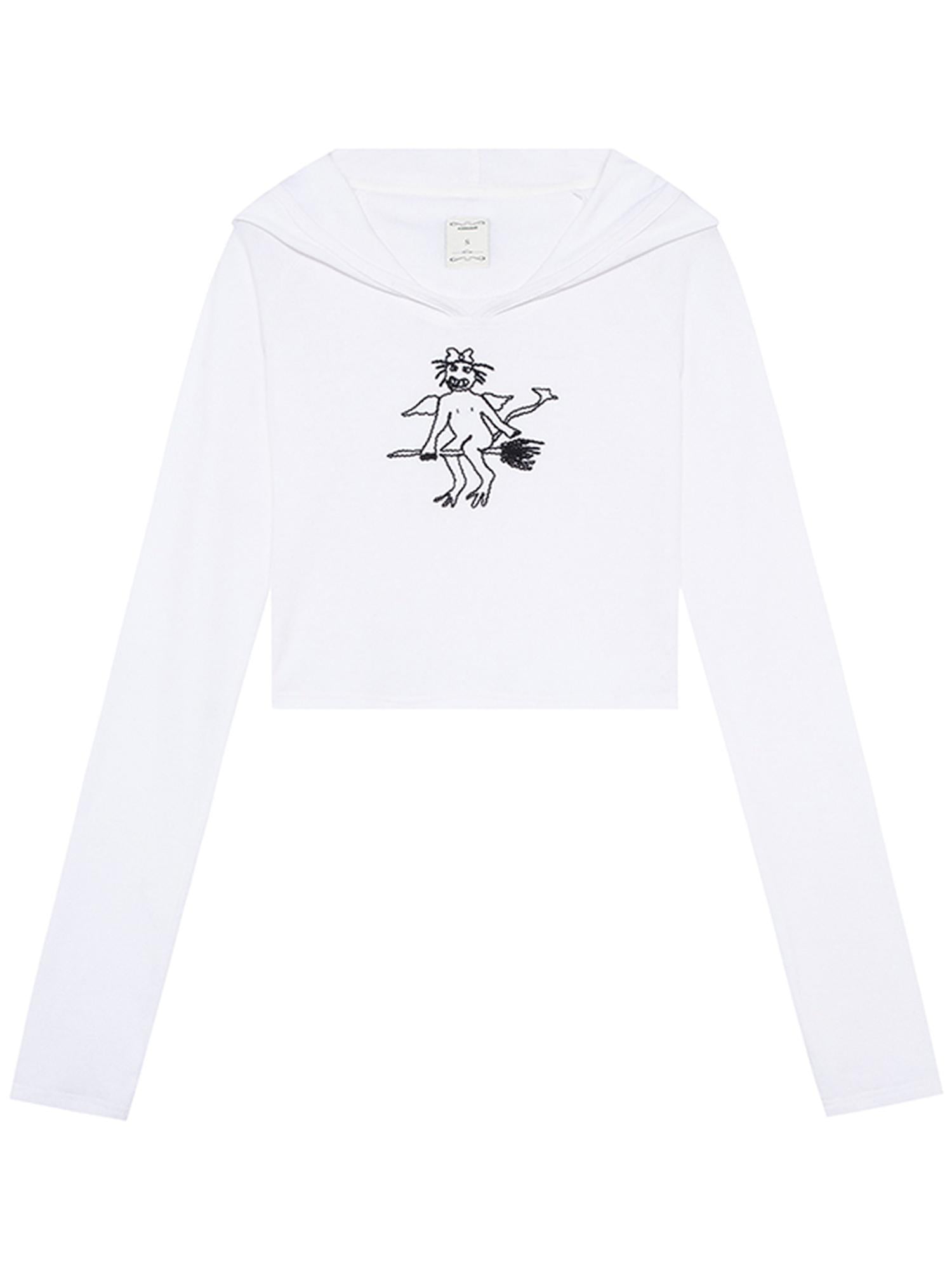 Achihara Magic Broom Print Hooded Long Sleeve Tee