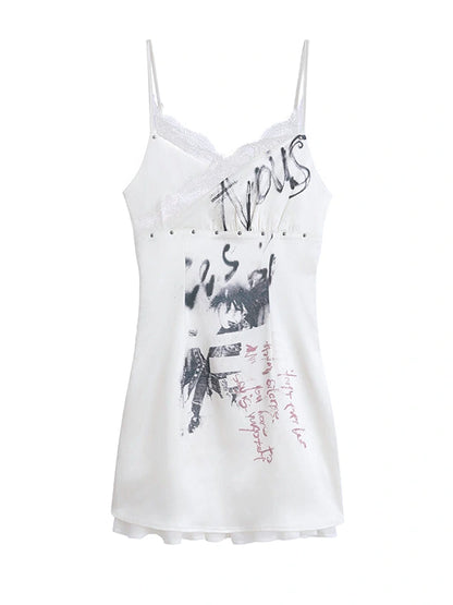 Punk Print Satin Slip Dress With Lace Trim