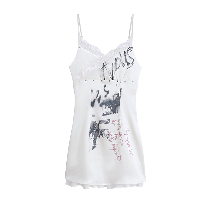 Cest Nous Punk Print Satin Slip Dress With Lace Trim