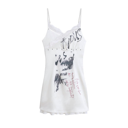 Cest Nous Punk Print Satin Slip Dress With Lace Trim