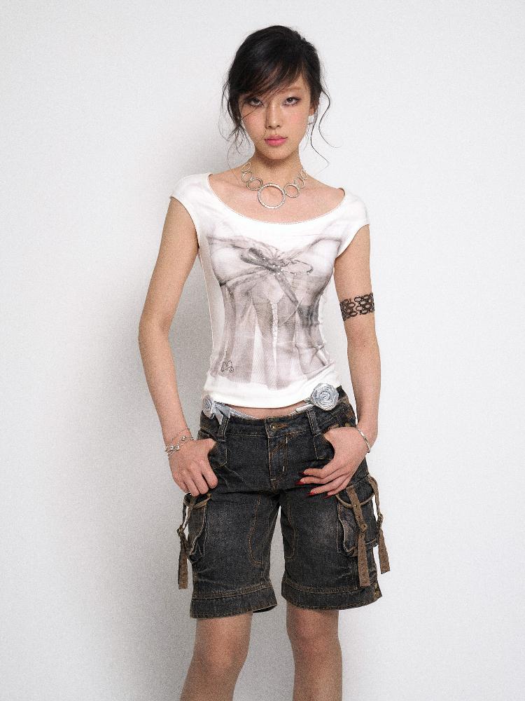 Flowers birds Market White Printed Rhinestone Sleeveless Basic Vest T-Shirt