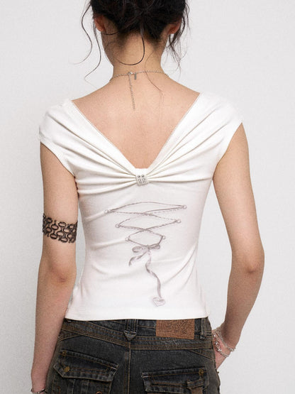 Flowers birds Market White Printed Rhinestone Sleeveless Basic Vest T-Shirt