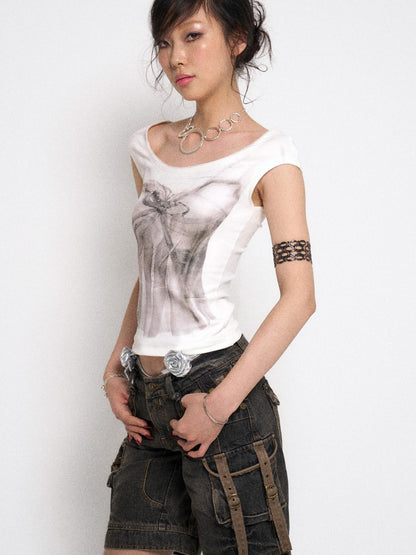 Flowers birds Market White Printed Rhinestone Sleeveless Basic Vest T-Shirt