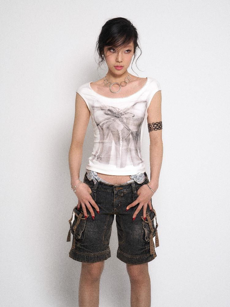 Flowers birds Market White Printed Rhinestone Sleeveless Basic Vest T-Shirt