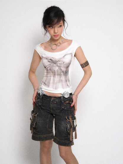 Flowers birds Market White Printed Rhinestone Sleeveless Basic Vest T-Shirt