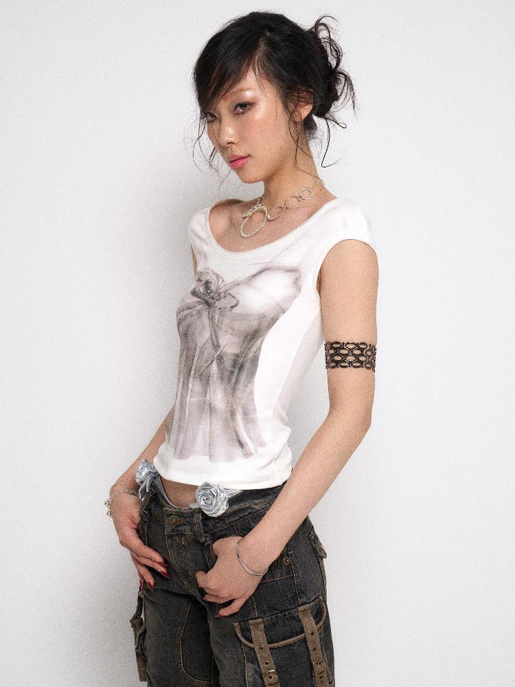 Flowers birds Market White Printed Rhinestone Sleeveless Basic Vest T-Shirt