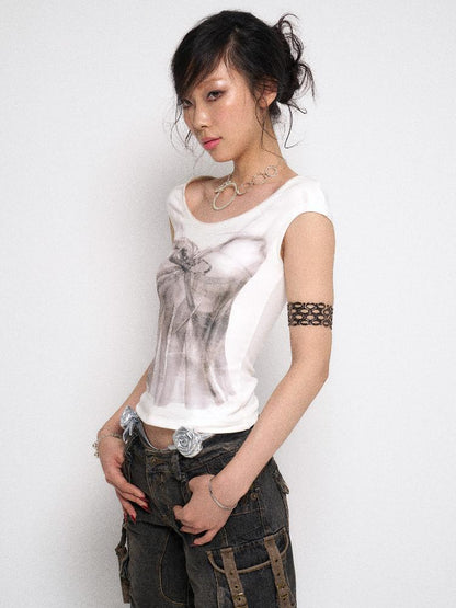 Flowers birds Market White Printed Rhinestone Sleeveless Basic Vest T-Shirt