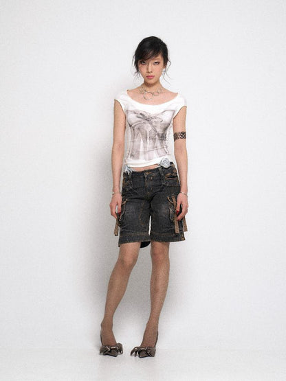 Flowers birds Market White Printed Rhinestone Sleeveless Basic Vest T-Shirt
