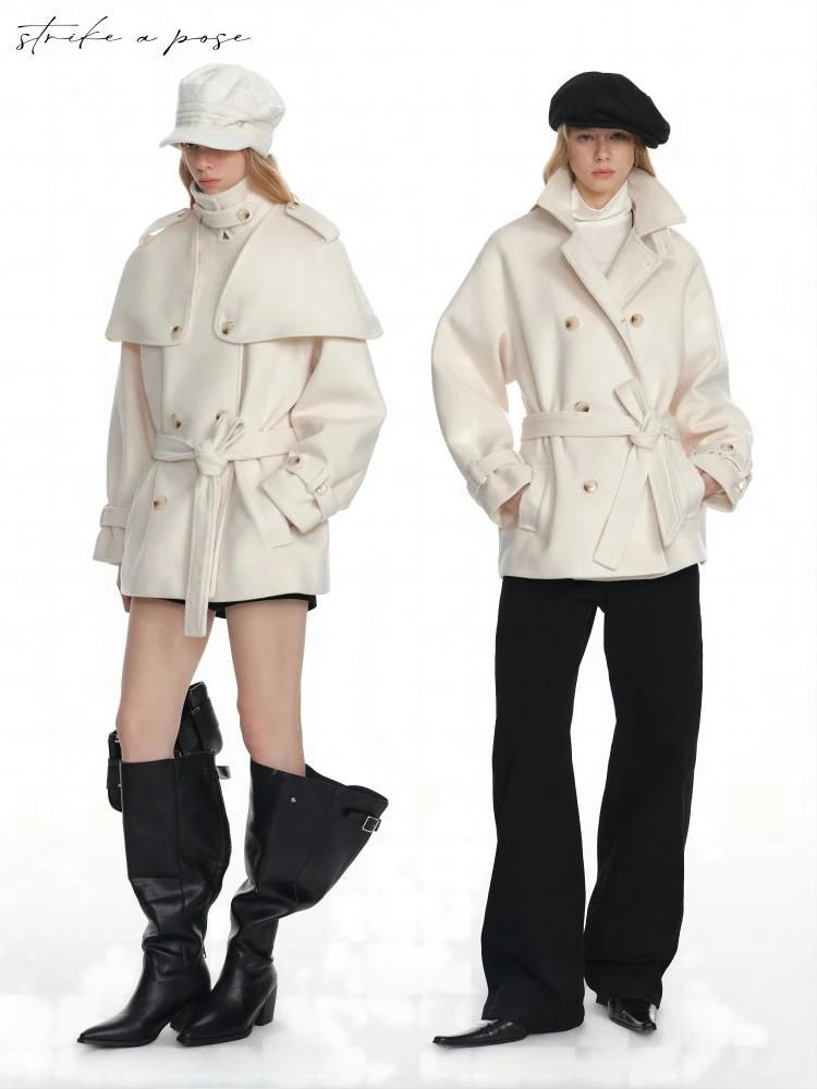White Short Detachable Faux Fur Cape Coat Jacket