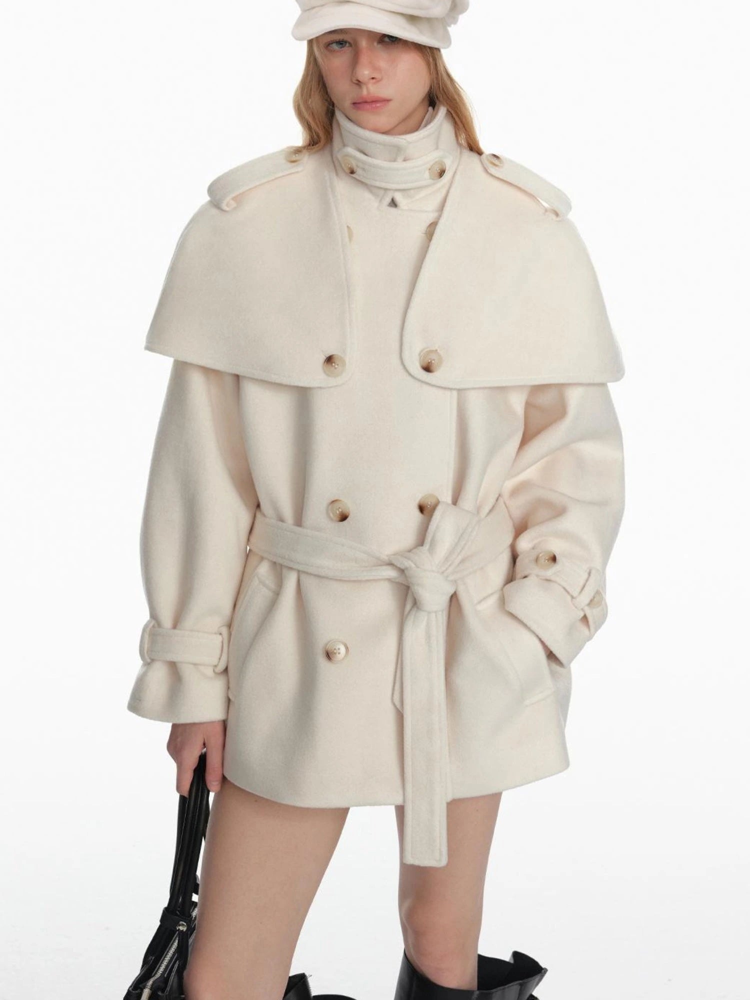 White Short Detachable Faux Fur Cape Coat Jacket