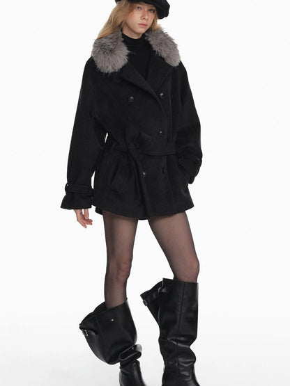 White Short Detachable Faux Fur Cape Coat Jacket