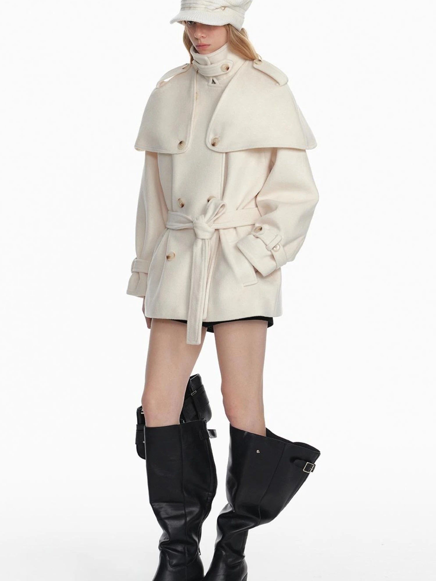 White Short Detachable Faux Fur Cape Coat Jacket