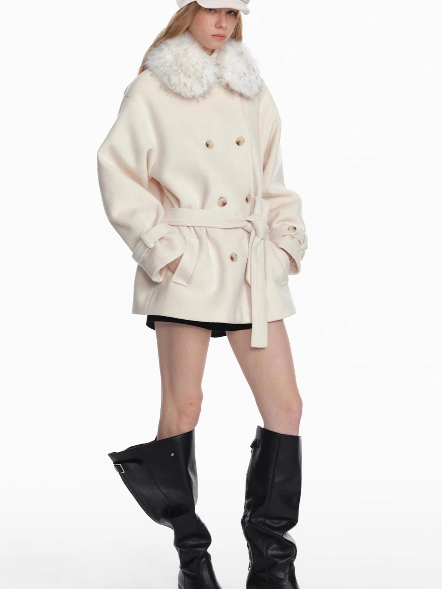 White Short Detachable Faux Fur Cape Coat Jacket