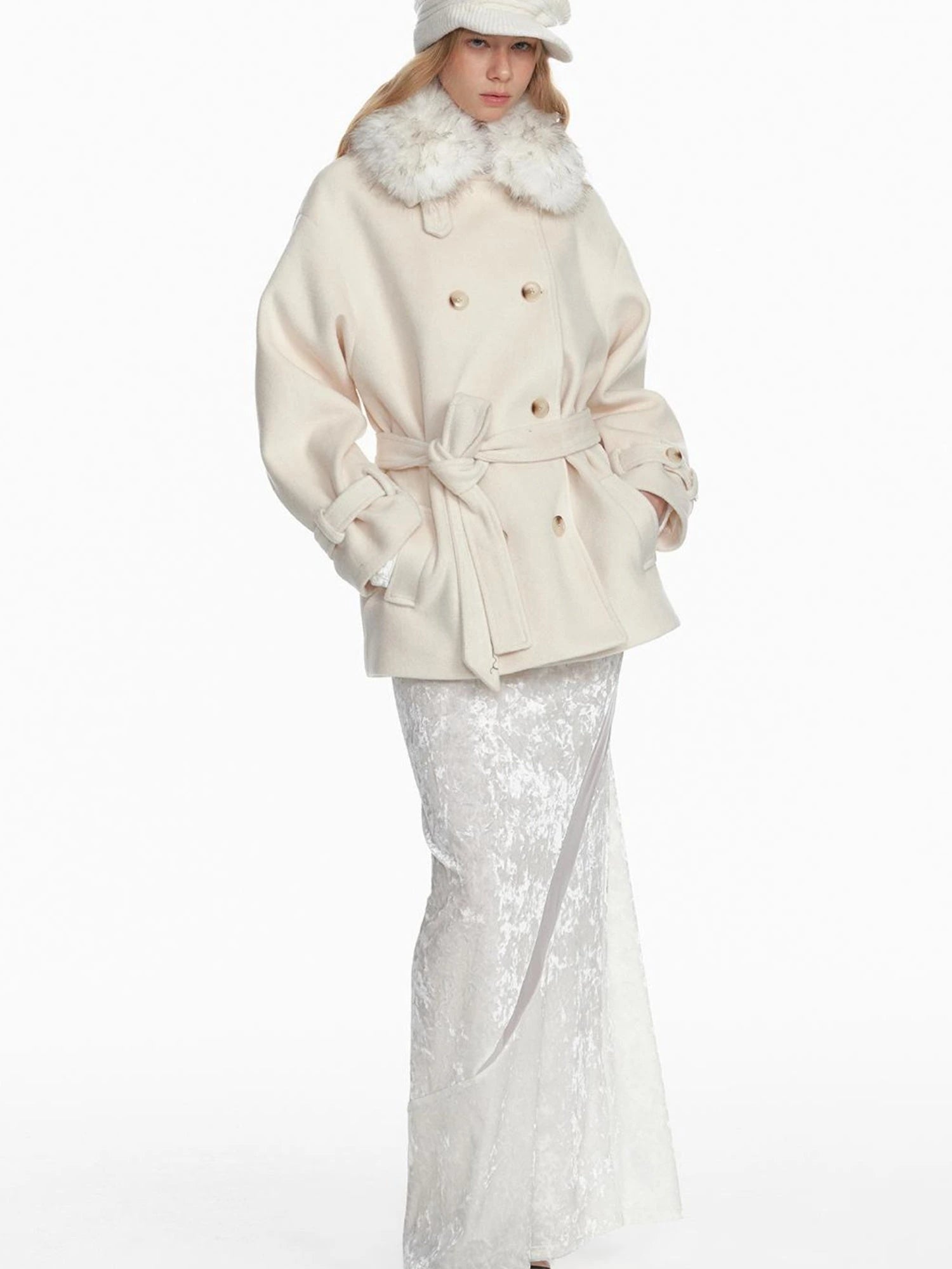 White Short Detachable Faux Fur Cape Coat Jacket