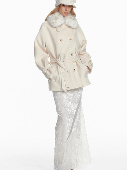 White Short Detachable Faux Fur Cape Coat Jacket