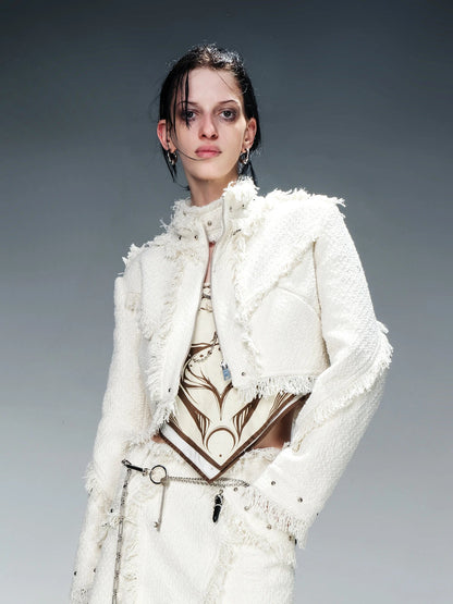 Fringed Tweed Set Edgy Jacket Asymmetric Skirt