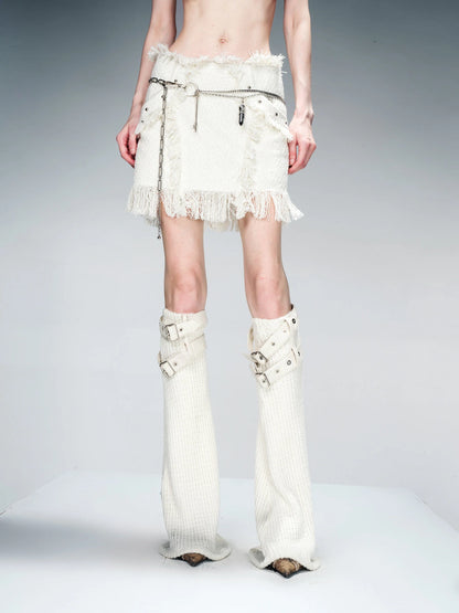 Fringed Tweed Set Edgy Jacket Asymmetric Skirt