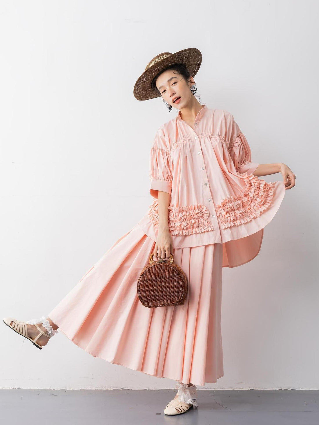 Sweet Mi White Tea Cotton Brocade Ruffle Suit