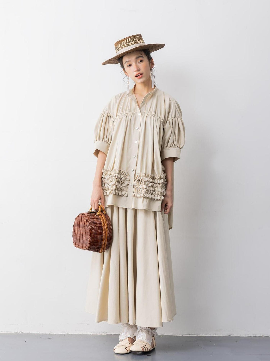 Sweet Mi White Tea Cotton Brocade Ruffle Suit