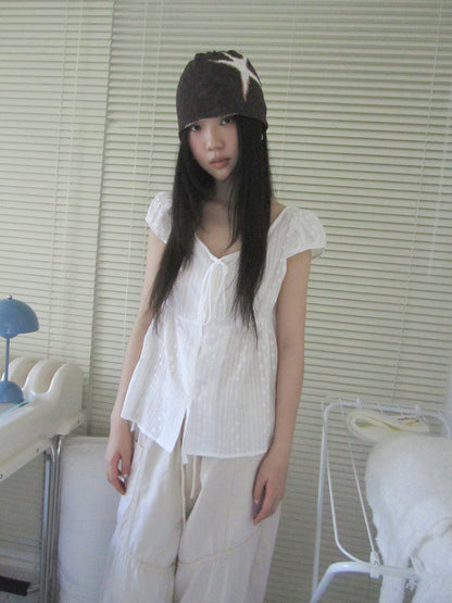 ang project Sheer Embroidered V-Neck Tie Front Bubble Sleeve Blouse