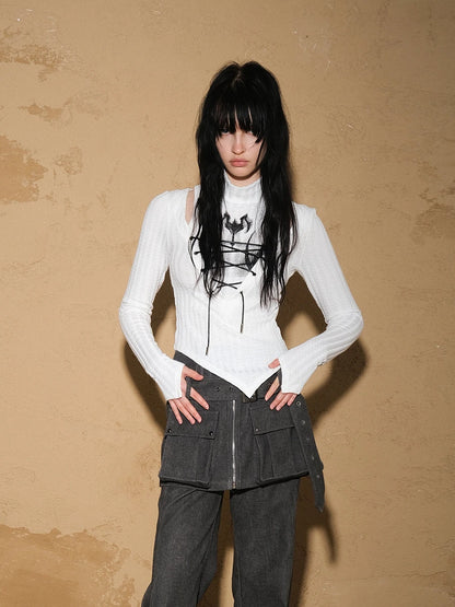 Irregular Knit Sweater 2024 Ss V-neck T-shirt Long Sleeve