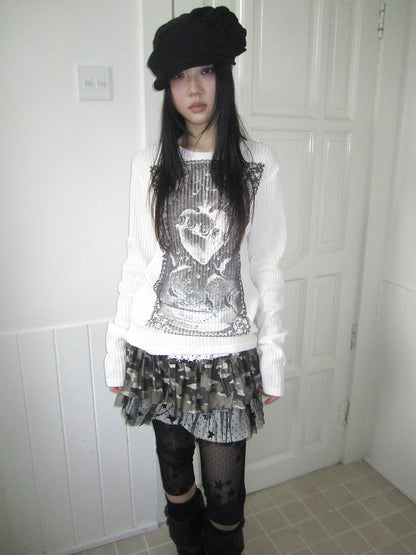 Updateang project Vintage Print Knit Sweater Long Sleeve Autumn Elastic