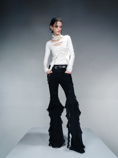 NN NORTH NODE Knit Denim Frayed Edge Layering Top