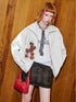 DIDDI MODA Wild Leopard Embroidered Sporty Jacket Deconstructed PU Bow Coat