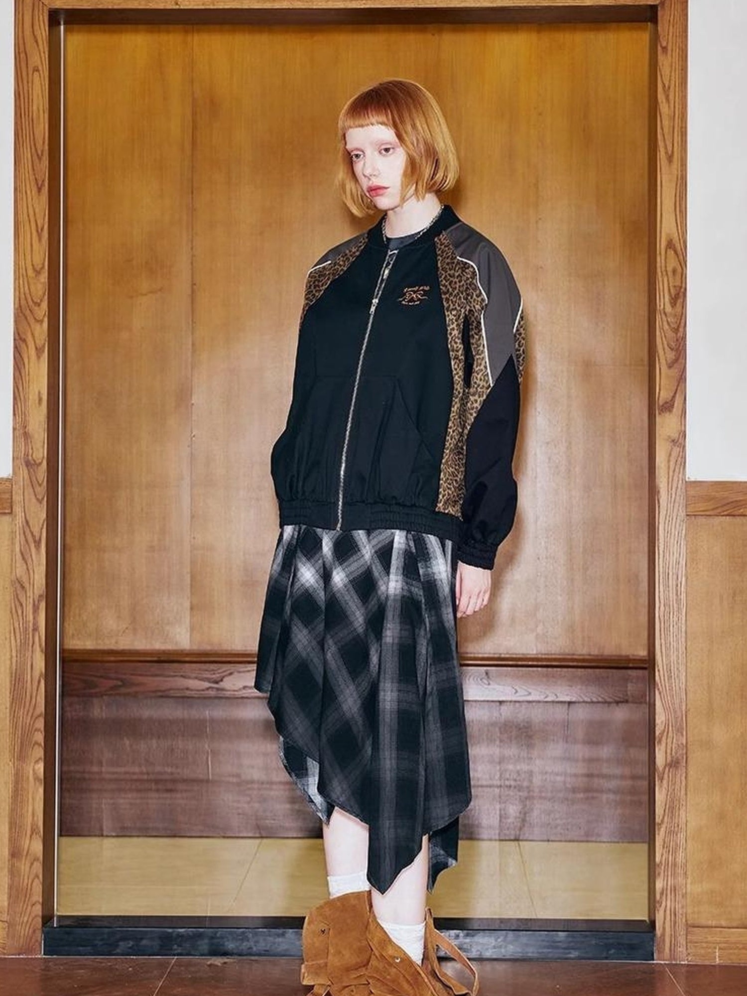 DIDDI MODA Wild Leopard Embroidered Sporty Jacket Deconstructed PU Bow Coat