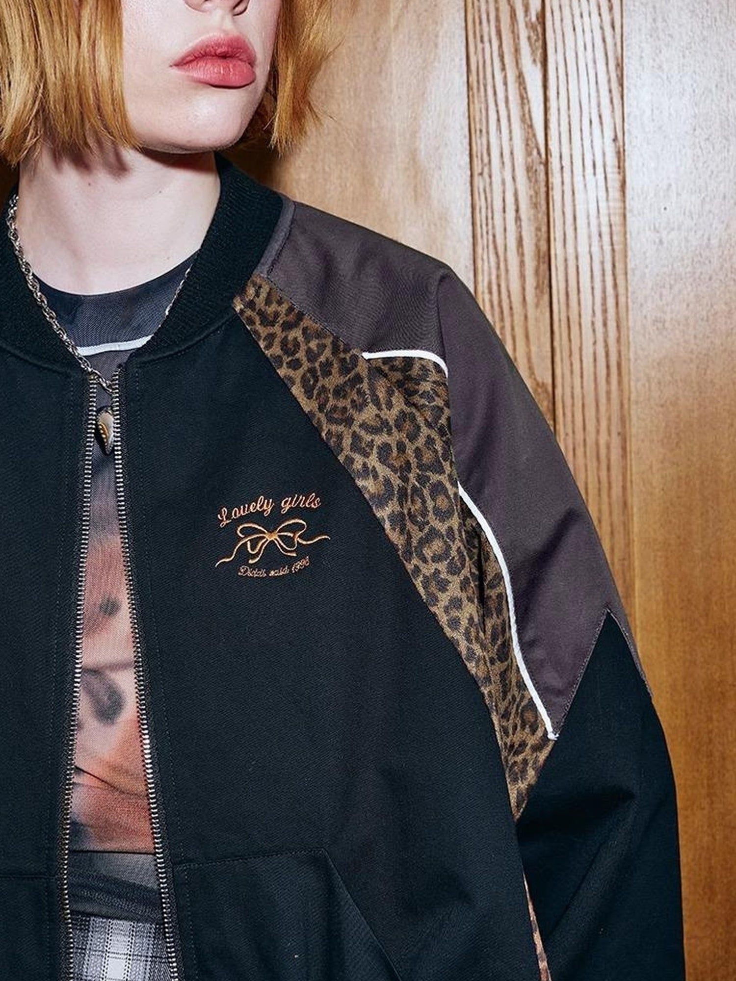 DIDDI MODA Wild Leopard Embroidered Sporty Jacket Deconstructed PU Bow Coat