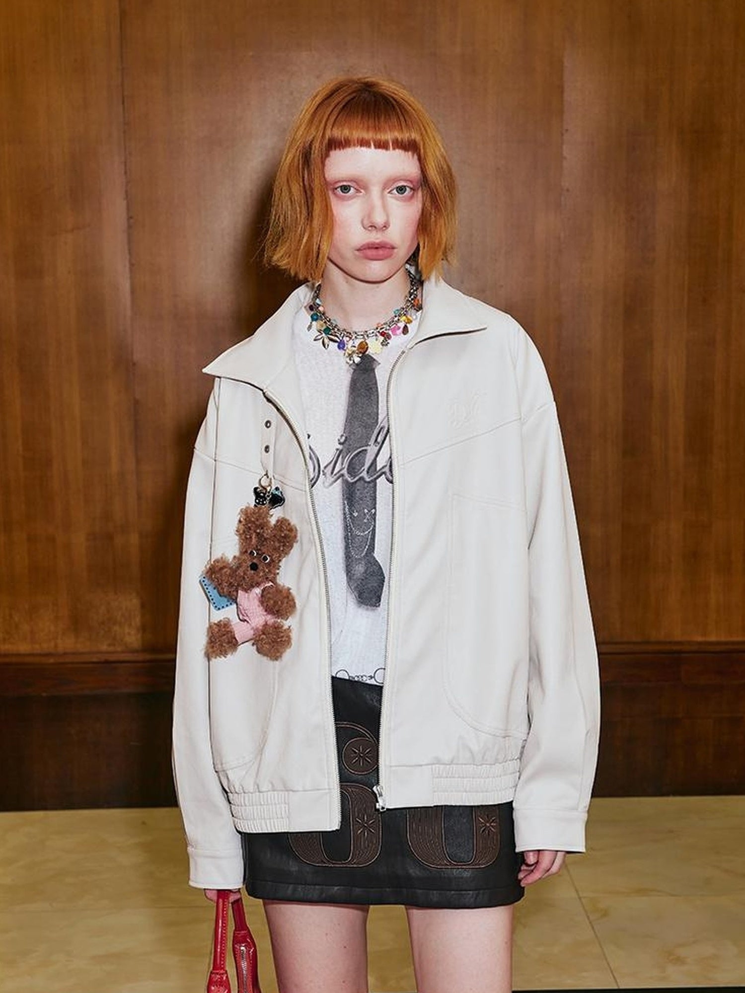 DIDDI MODA Wild Leopard Embroidered Sporty Jacket Deconstructed PU Bow Coat