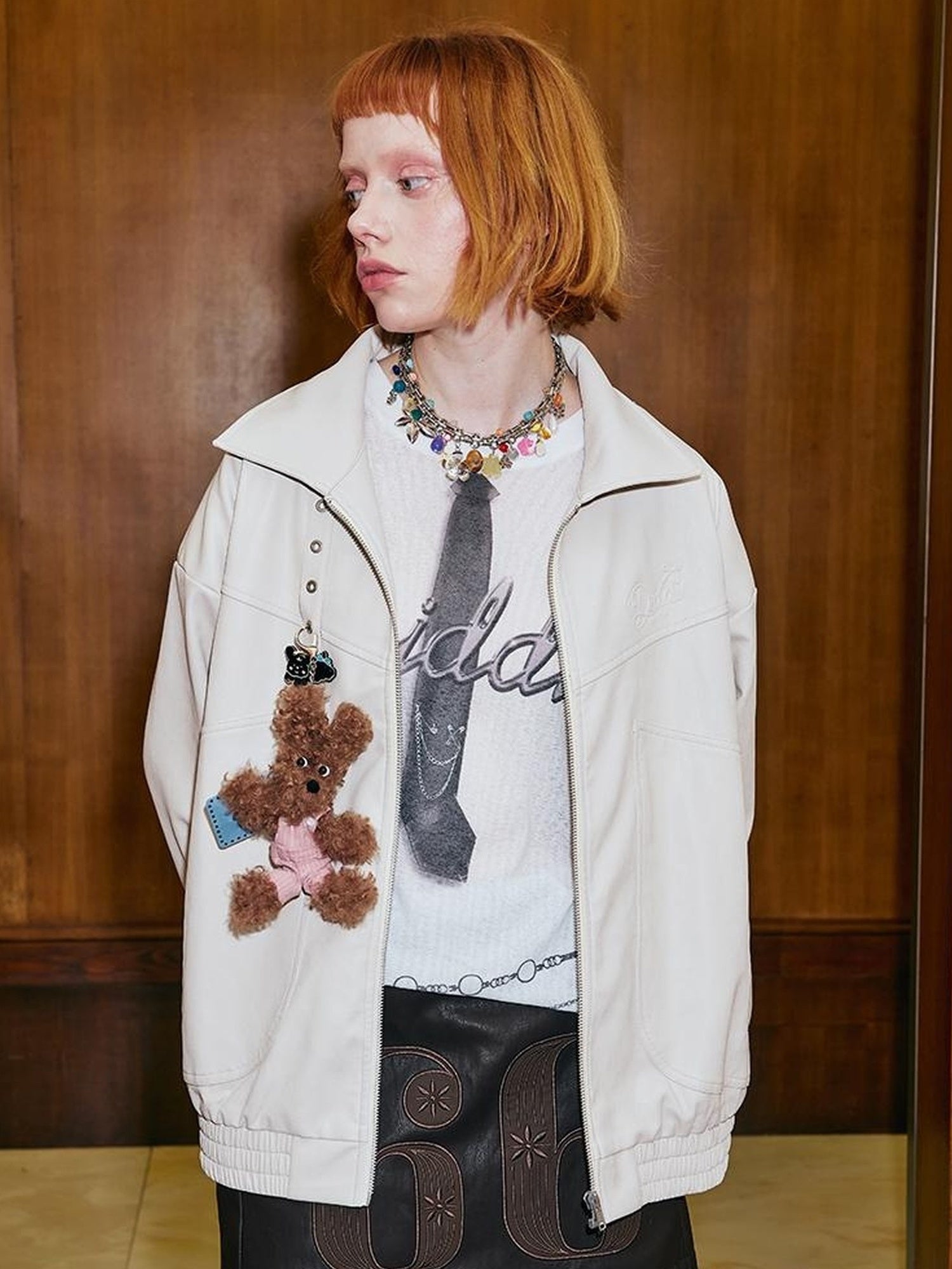DIDDI MODA Wild Leopard Embroidered Sporty Jacket Deconstructed PU Bow Coat