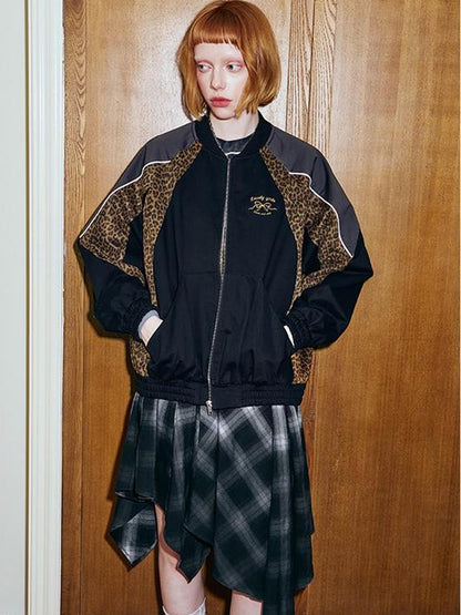 DIDDI MODA Wild Leopard Embroidered Sporty Jacket Deconstructed PU Bow Coat