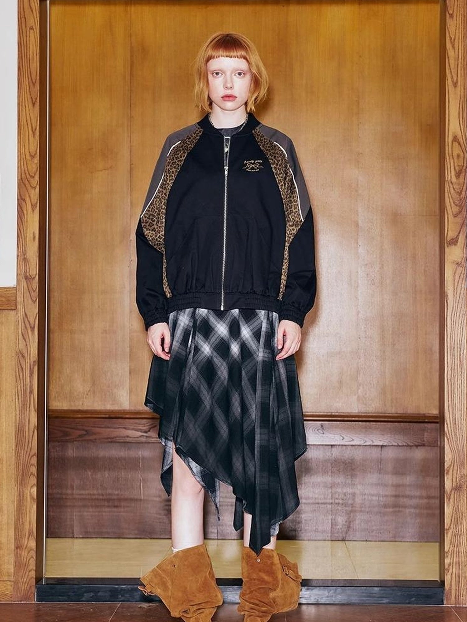 DIDDI MODA Wild Leopard Embroidered Sporty Jacket Deconstructed PU Bow Coat