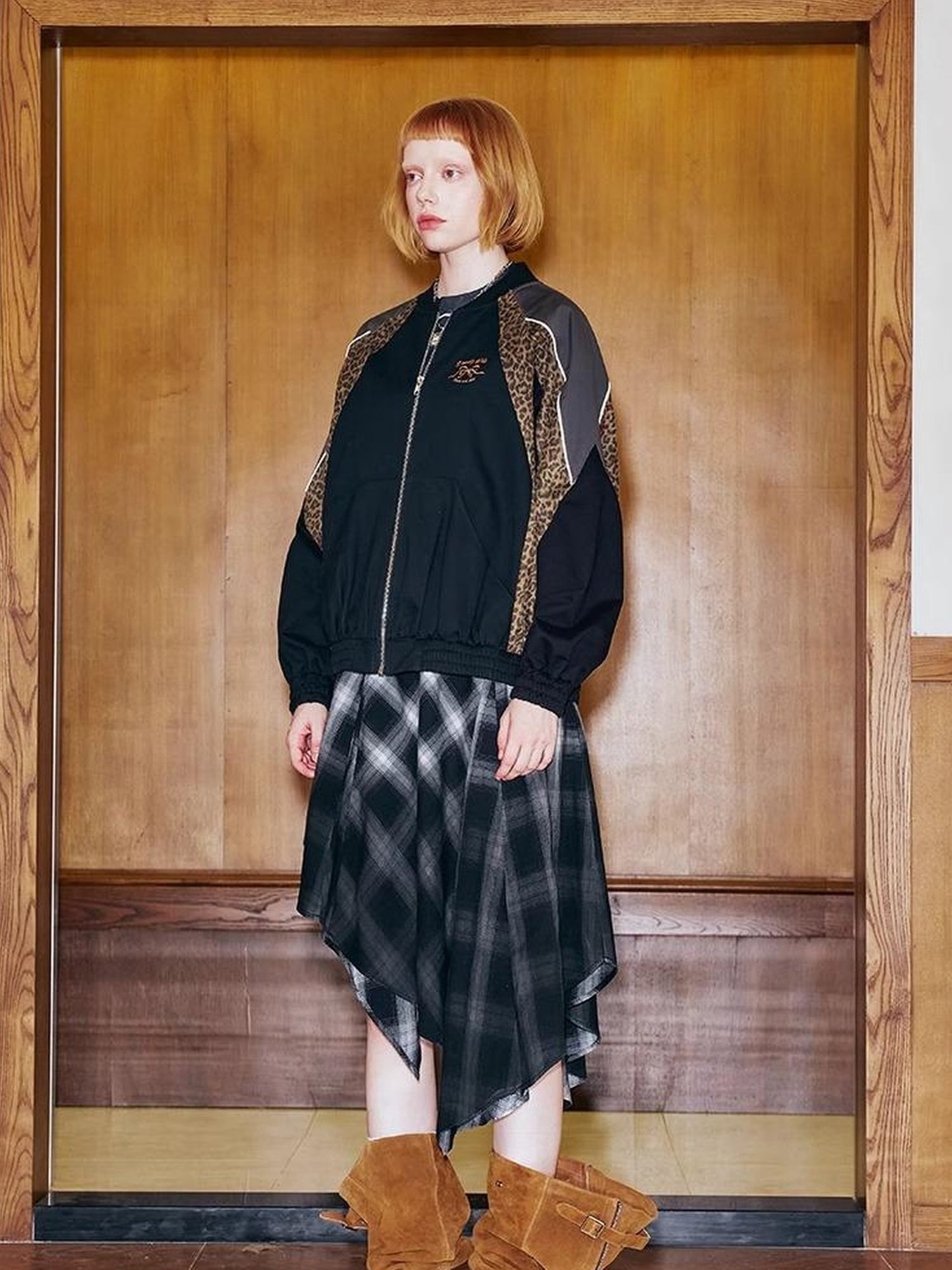 DIDDI MODA Wild Leopard Embroidered Sporty Jacket Deconstructed PU Bow Coat