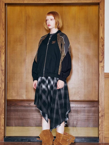 DIDDI MODA Wild Leopard Embroidered Sporty Jacket Deconstructed PU Bow Coat