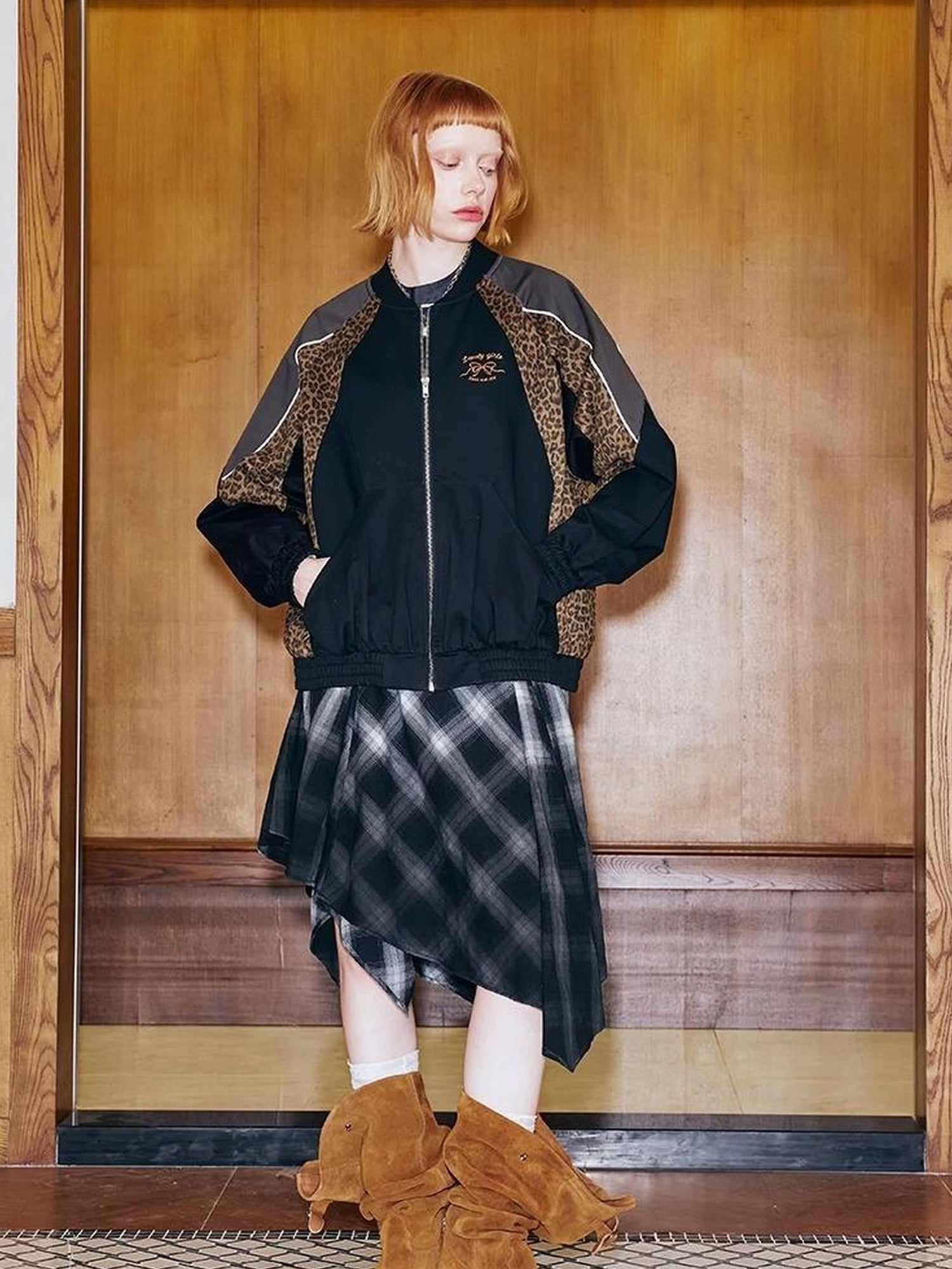 DIDDI MODA Wild Leopard Embroidered Sporty Jacket Deconstructed PU Bow Coat