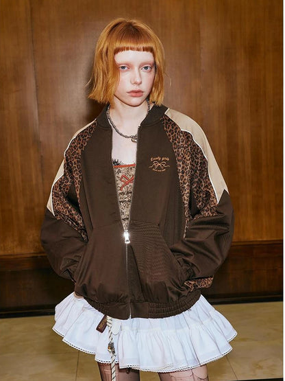 Wild Leopard Print Bow Embroidery Sporty Jacket