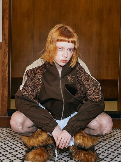 Wild Leopard Print Bow Embroidery Sporty Jacket
