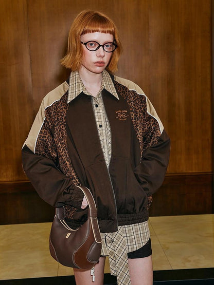 Wild Leopard Print Bow Embroidery Sporty Jacket