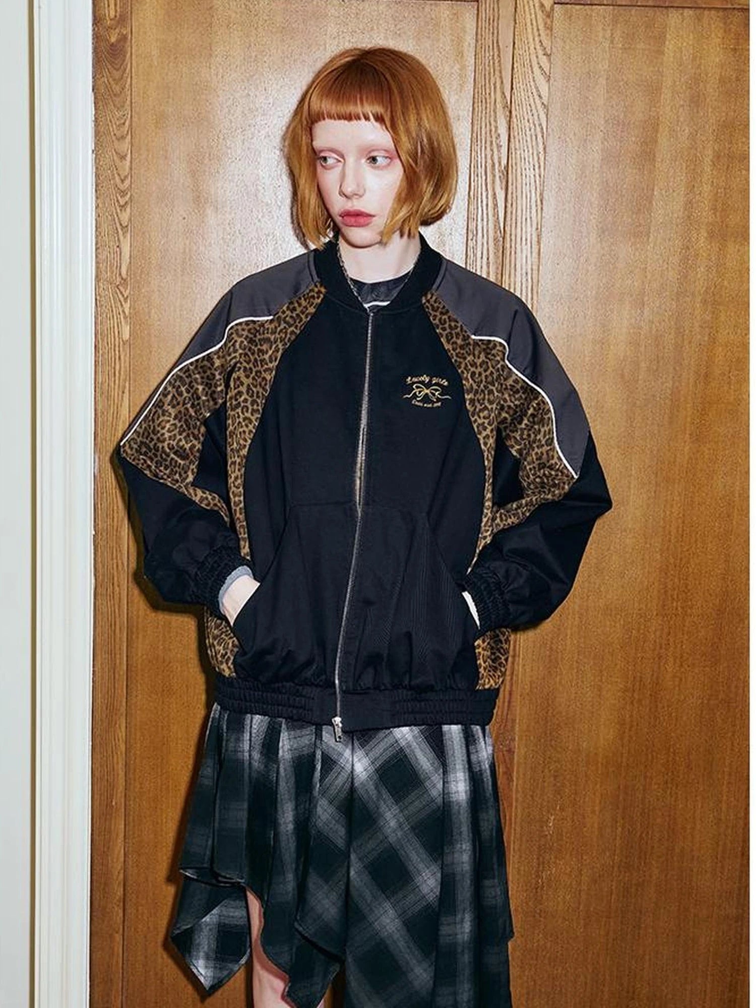 Wild Leopard Print Bow Embroidery Sporty Jacket