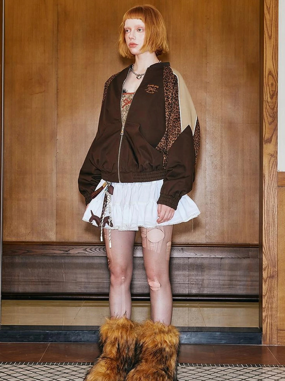 Wild Leopard Print Bow Embroidery Sporty Jacket