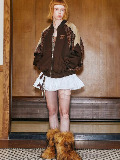 Wild Leopard Print Bow Embroidery Sporty Jacket