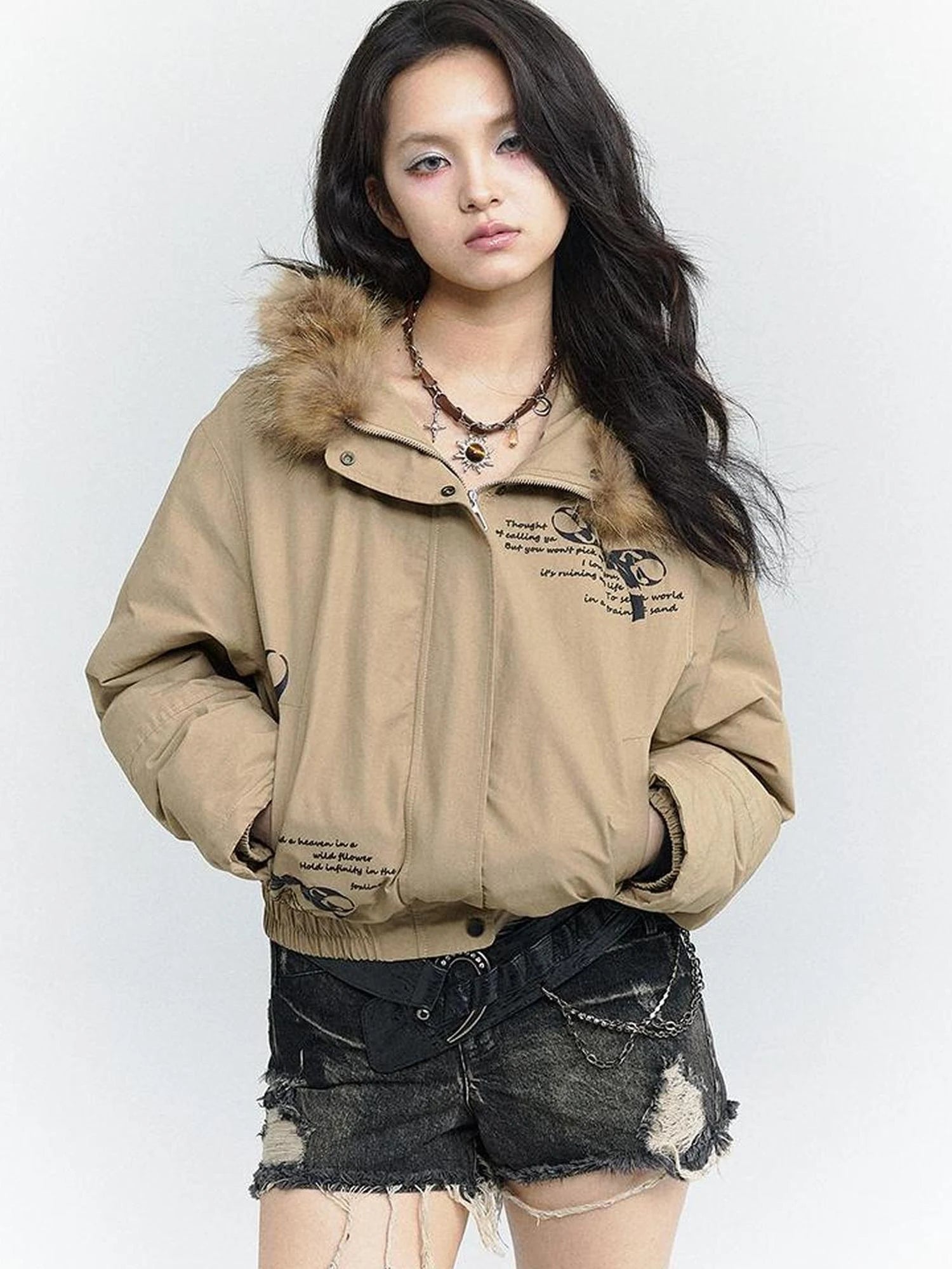 Wind Chaser Fur Lined Hooded Parka With Bow Print