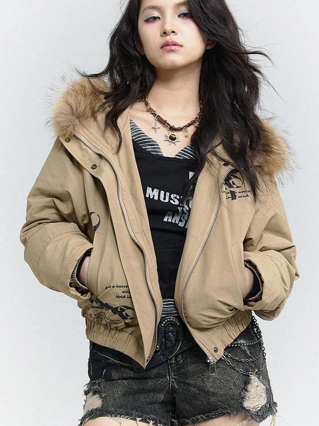 Wind Chaser Fur Lined Hooded Parka With Bow Print