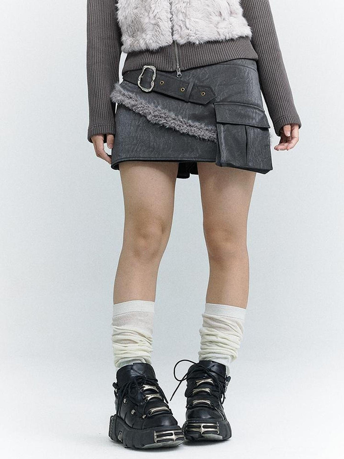 MOMSYCAN FOX LINE Wind Chaser Pu Leather Skirt With Diamond Trim Side Pockets