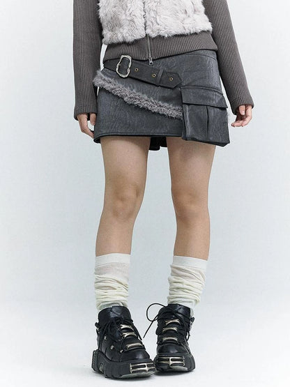 Wind Chaser Pu Leather Skirt With Diamond Trim Side Pockets
